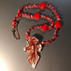 Red glass cross beaded necklace Gold sparkly